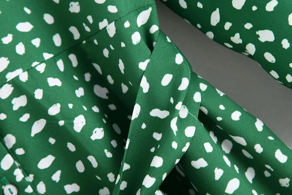 Trendy ZA Green White Dot Print Long Dress Women Boho Turn-Down Collor Belt Split Hem Design Charm Elegant Autumn Style Dress