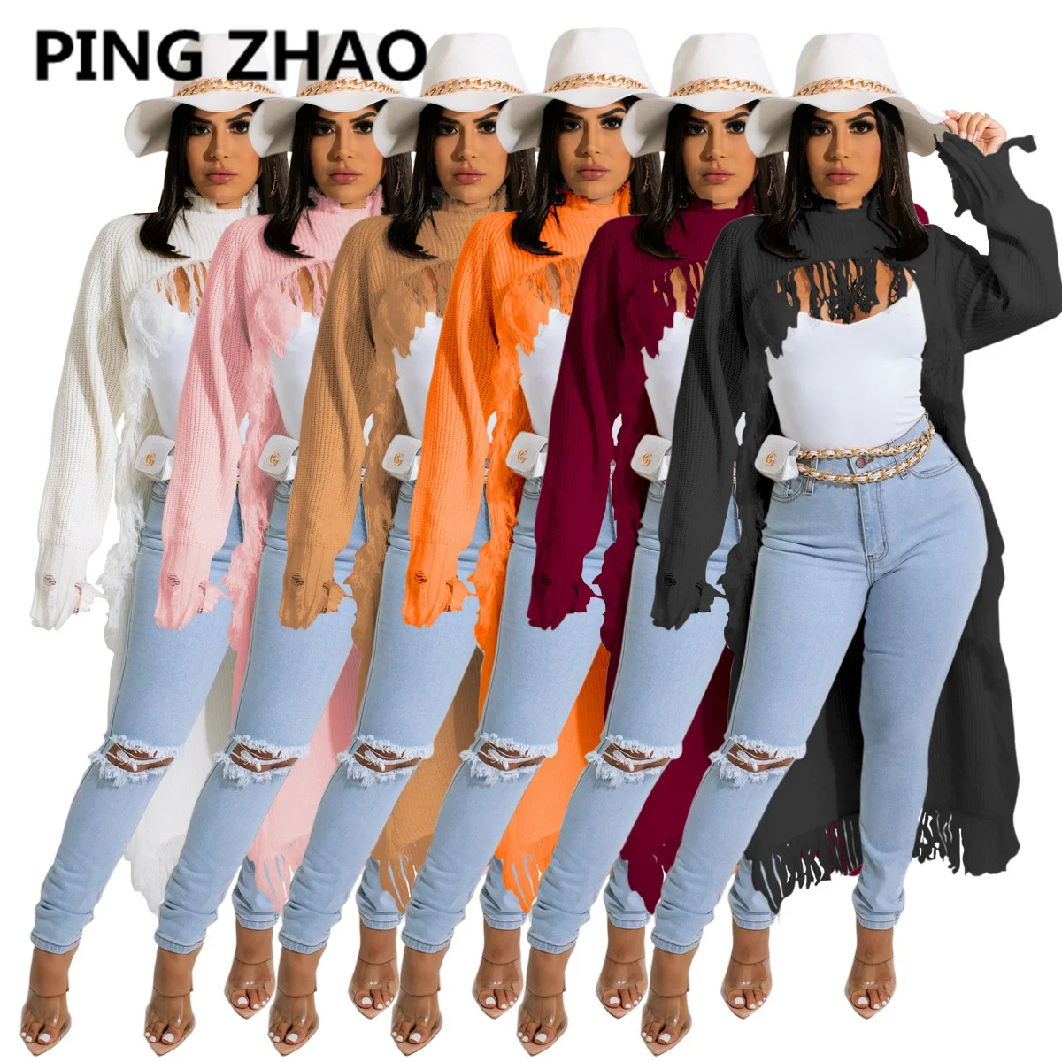 

PING ZHAO Women Long Sleeve Tassels Fringed Knitted Sweater Winter Streetwear Turtleneck Pullover Long Top