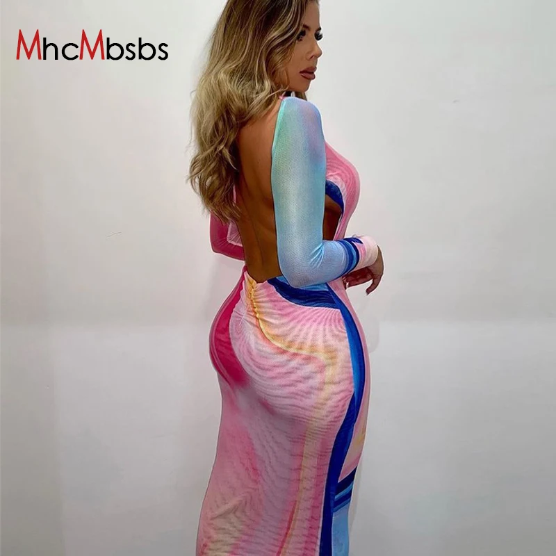 

Tie Dyed Lace Up Backless Maxi Dress Women Long Sleeve Bodycon Dresses 2021 Fall Vintage Elegant Slim Party Vestidos