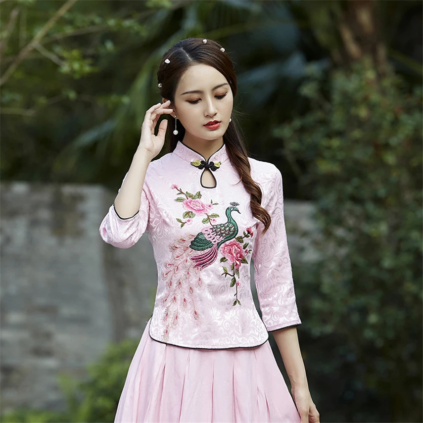 Традиционные китайские топы женский ретро костюм Тан с рукавом три четверти