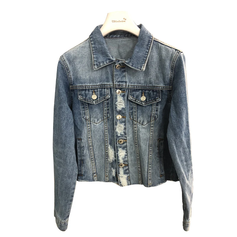 

Vintage Light Blue Distressed Crop Denim Jacket for Women Fashion Ladies Button Up Slim Fit Cropped Jean Jacket Plus Size