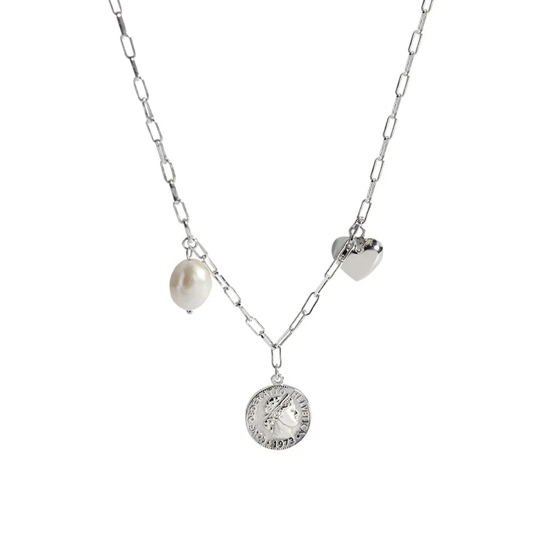 

Korean ins niche design simple temperament love pearl silver coin S925 sterling silver necklace female clavicle chain new design