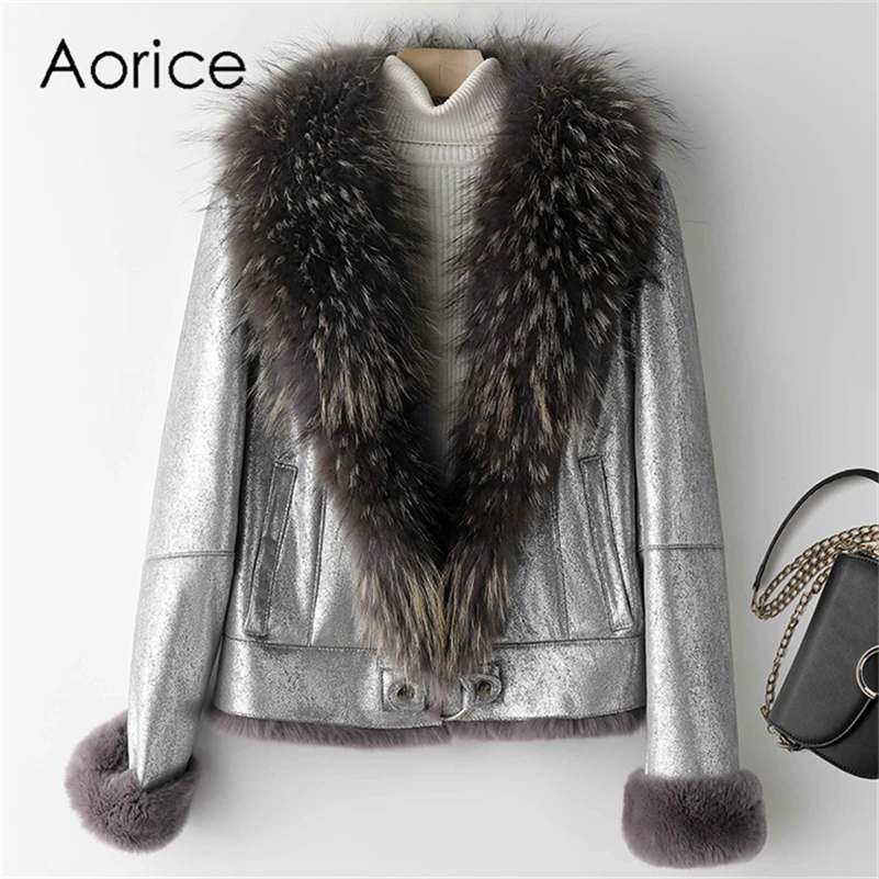 Женское пальто с подкладкой из кроличьего меха парка воротником енота цвет