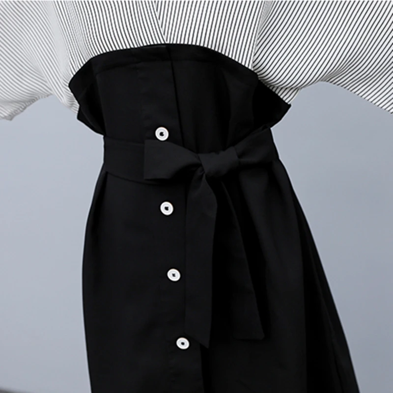 

Stripe Splicing Oversized Dresses Cotton Fake Two Piece Short Sleeves Plus Size Dress 2021 Summer Belt Thin Waist Women Clothes