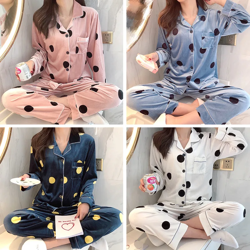 Autumn Winter Women Pyjamas Sets pajamas Sleepwear Suit Thick Warm Gold velvet nightgown Long sleeve casual dot pattern | Женская одежда