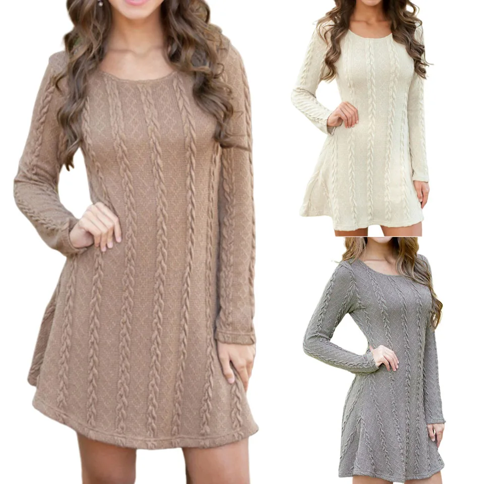 Сексуальное Женщина Вязаный Носить Платье Оверсайз Трикотажное Круглый Вырез