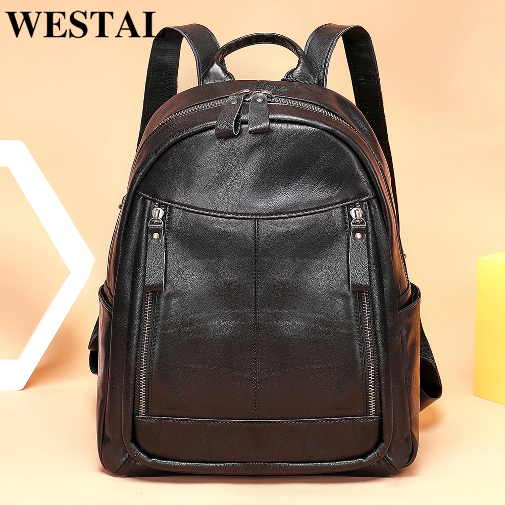 WESTAL 100% Cowhide Genuine Leather Bacckpack for Women Black Laptop Backpacks for School Bags Ladies Daypacks for Travel 6502