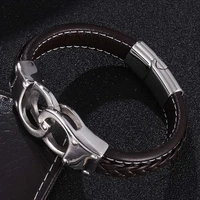 new punk men brown braided leather bracelet stainless steel handcuffs bracelets magnetic buckle leather bangles male gift sp0740