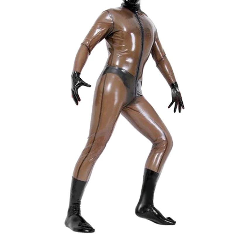 

Transparent Black Front Zip Male Latex Catsuit Rubber Fetish Bodysuit Gloves and Socks Separeated S-LCM127