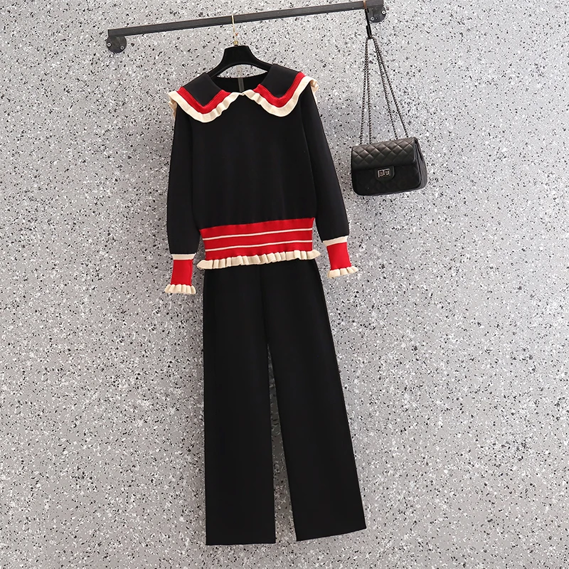 

Plus size women 2 PCE suit 2021 spring casual loose sports knitted hooded sweater top and casual pants fashion two piece set big