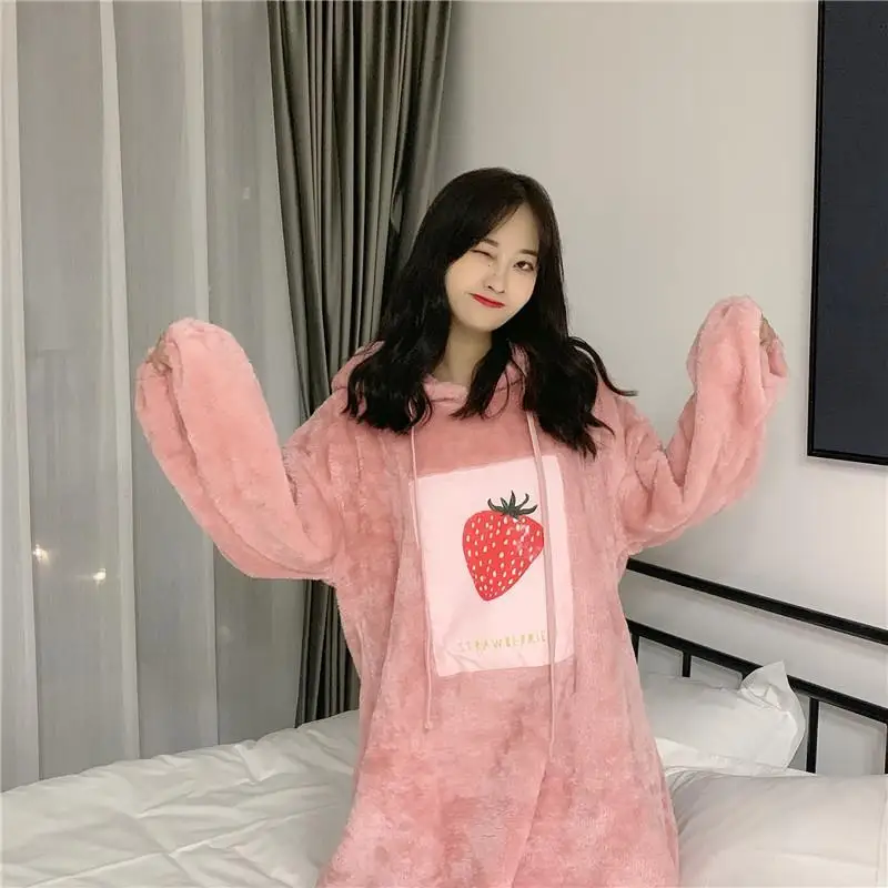 Cute hooded Korean version the pajamas female autumn and winter loose can be worn outside the home furnishing pajamas thickened