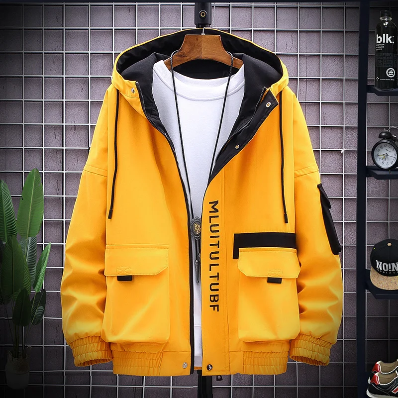 

2021 Autumn New Fashion Korea Student Work Clothes Hooded Jacket Men's Fashion Multi Bag Coat Top Black