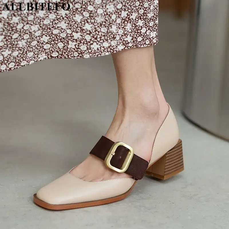 

ALLBITEFO Fashion buckle genuine leather thick heels pary women shoes brand high heels shoes spring/autumn women heels shoes