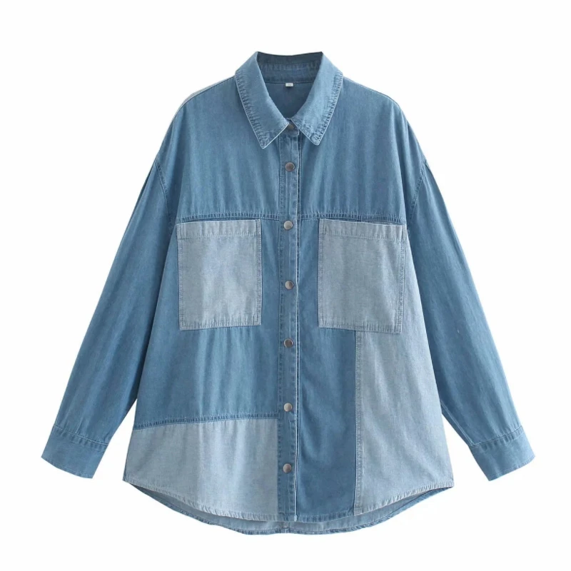 

Hot Sale Women Contrast Color Splicing Denim Coat Female Long Sleeve Outerwear Casual Lady Loose Tops C1175
