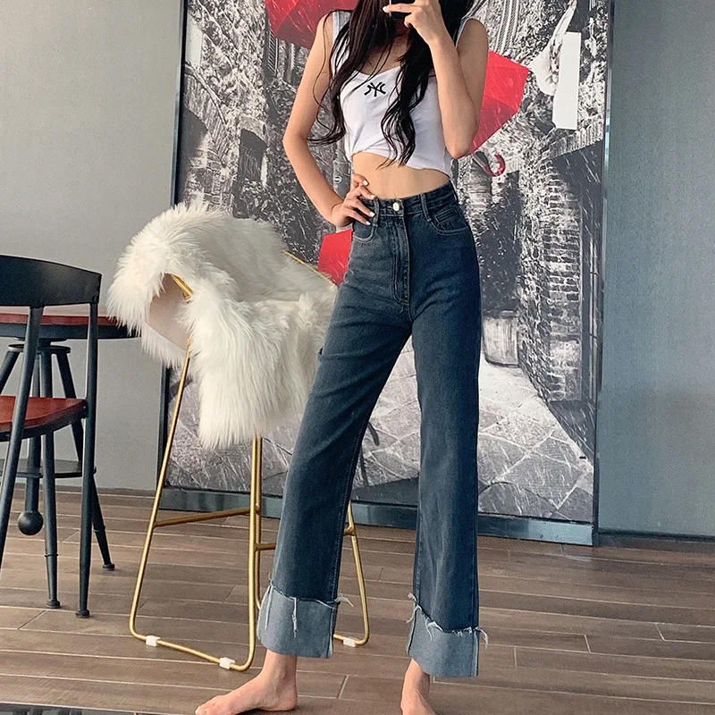 

Vintage trousers Wide Leg Pants Blue high waist jeans Denim Straight pant Look Thin Denim Pants 2021 Mom OL