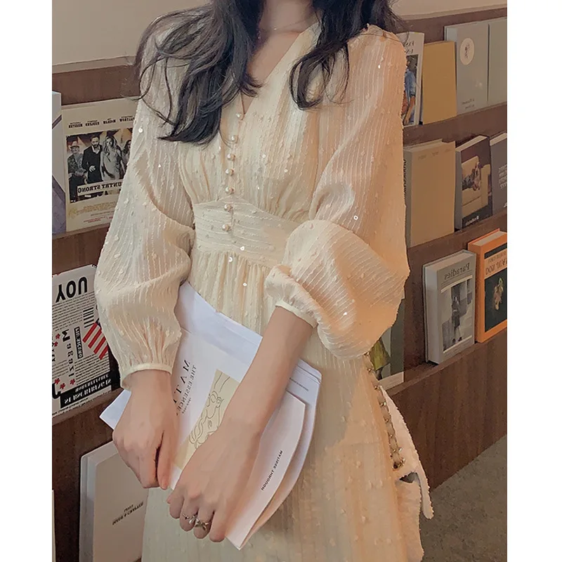 

Women Fall Puff Sleeve V-neck Chiffon Fairy Dress Vintage Retro Dress Temperament Soild Color Beading High Waist Apricot Dresses
