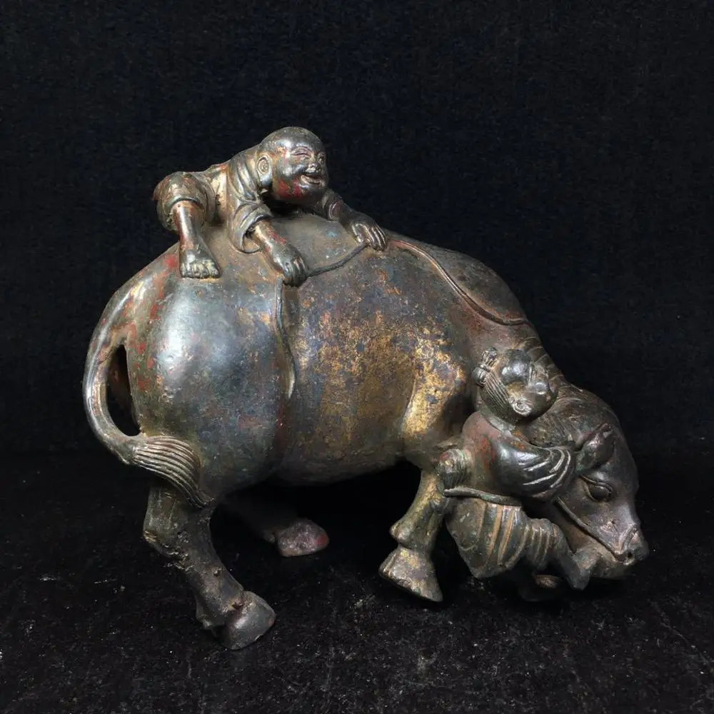 

Home Decor 7" Tibet Buddhism Temple Old Bronze Cinnabars Wangcai Boy Bull Statue Kid herding Implying fortune and treasure