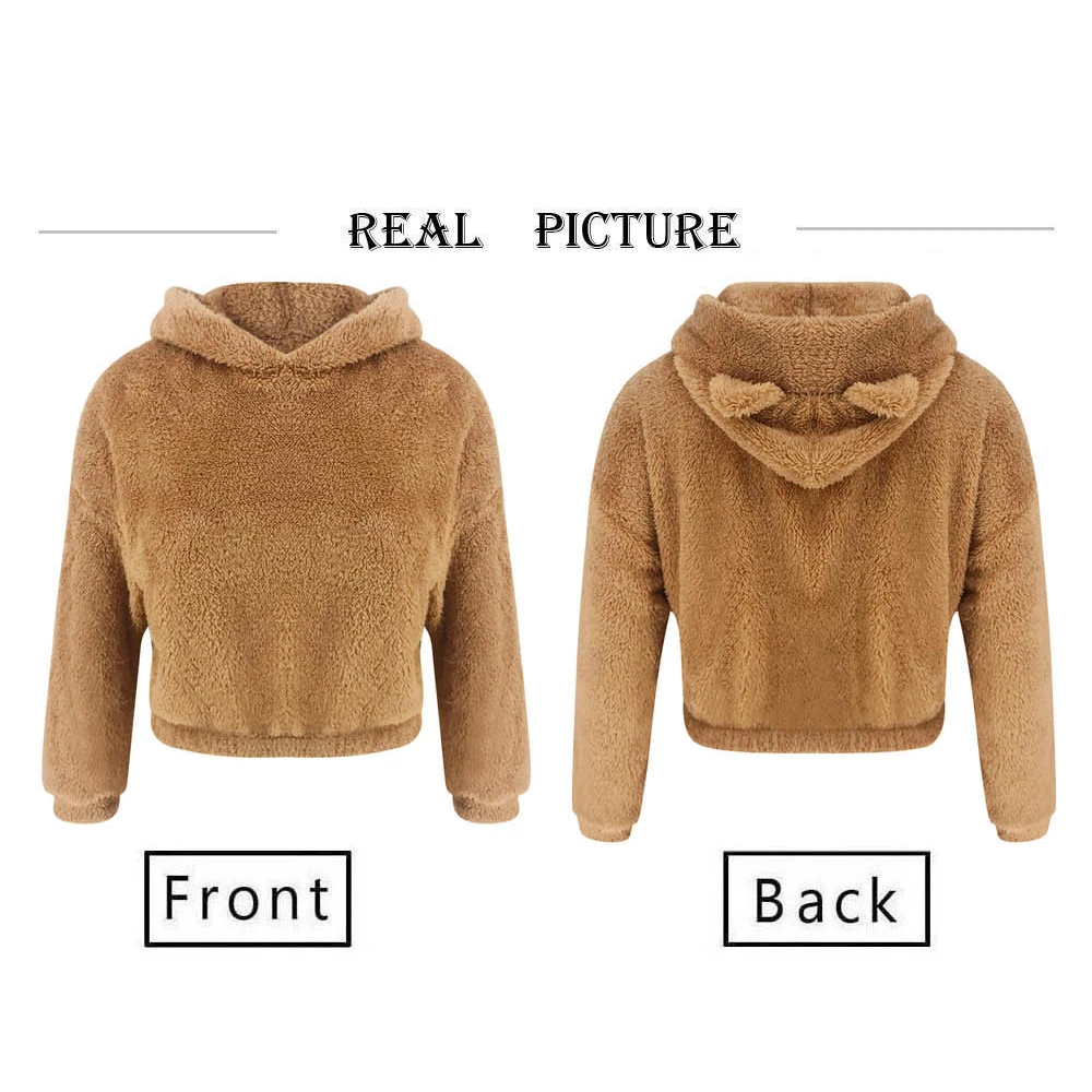 

Nice Pop Fashion Women's Wool Hooded Solid Color Top Warm Plush Long Sleeve Sweatshirt Short Cute Hoodie for Women's Top
