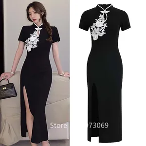 Женское платье Ципао с вышивкой, черное винтажное вечернее платье в традиционном китайском стиле, для лета