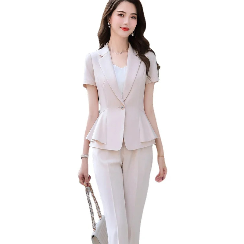 

Ruffle Pant Suit 2 Piece Set Women Office Lady Elegant Apricot Work Business Set Suit Short Sleeve Career Blazer and Pant