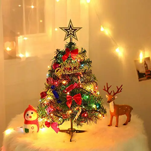 Mini &aacute;rbol de Navidad de 30CM para mesa, decoraci&oacute;n con cadena de luces LED, Cajas de Regalo, adornos colgantes y una estrella, para invierno-1