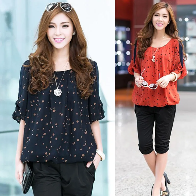 

Korean Stylish Loose Half Sleeve O-Neck Summer Tops Female Polka Dot Print Chiffon Blouse Women Chiffon Shirt Plus Size XXXXL