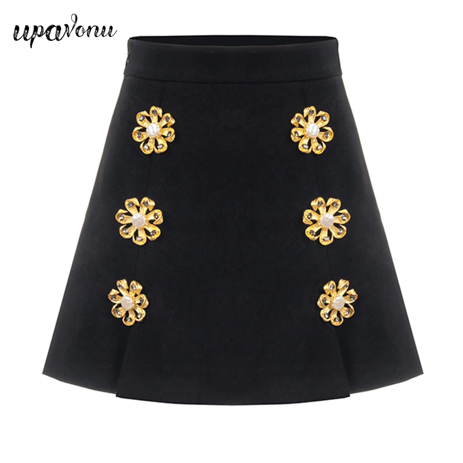 

Free Shipping Women's Chic Flower Button High Waist Skirt 2021 Summer New Women's Black Sexy A-line Skirt Fashion Mini Skirt