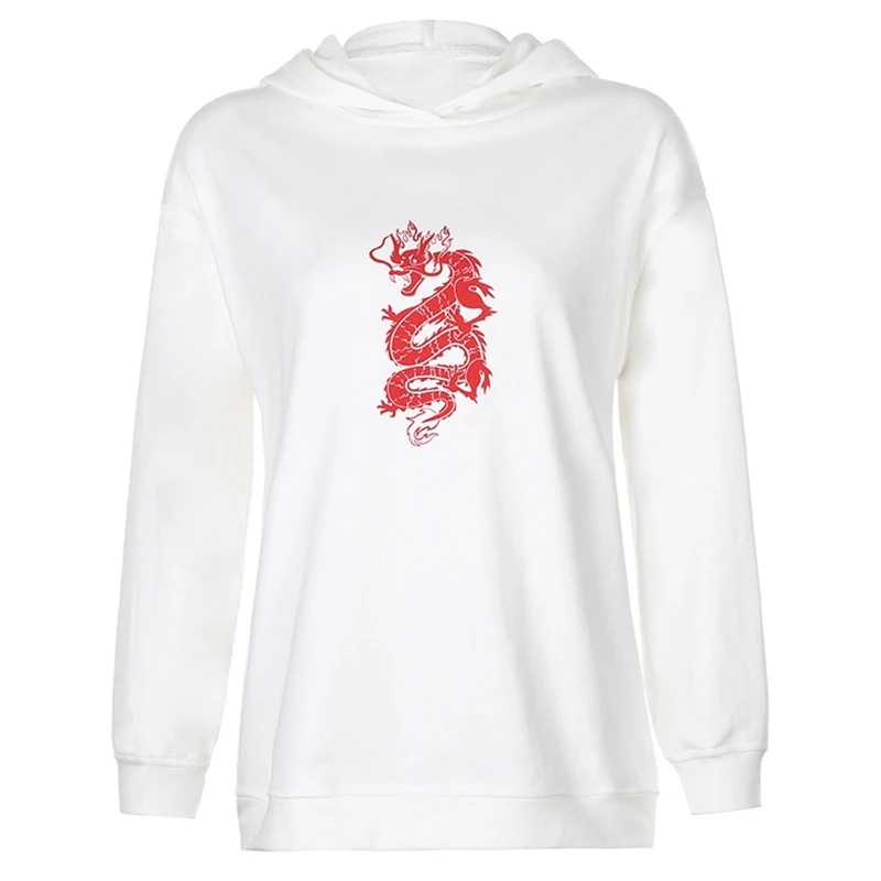 

Women Autumn Long Sleeve Hoodies Vintage Chinese Dragon Graphic Print Harajuku Sweatshirt Oversized Loose Kangaroo Pocket Pullov