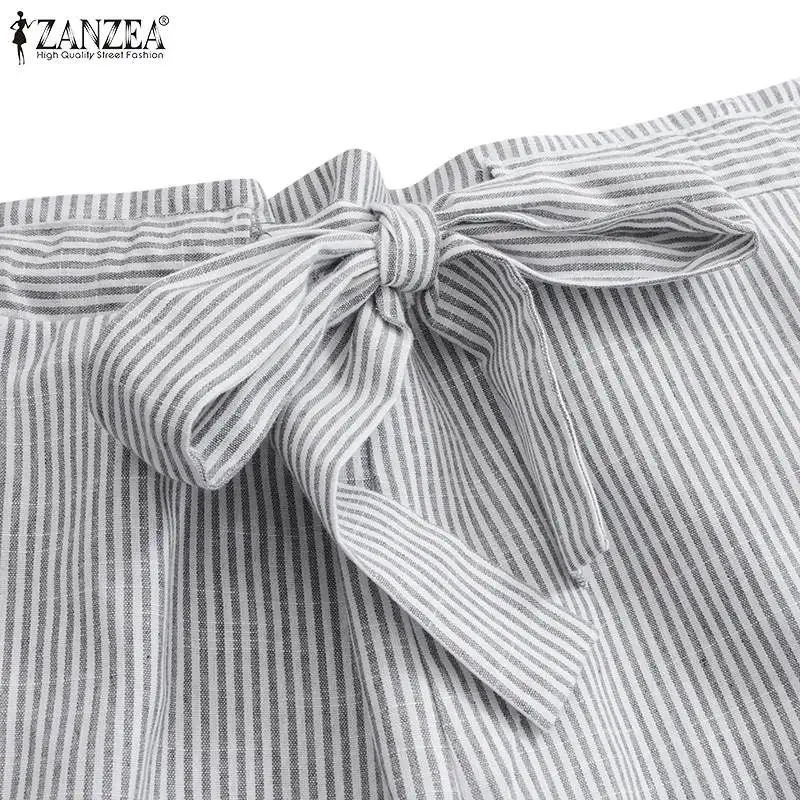 

Womens Straight Leg Pants 2021 Summer Loose Belt Pantalon Casual Cotton Linen Pant ZANZEA Fashion Striped Trousers