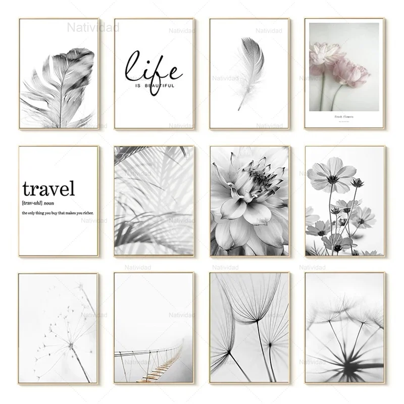 

Black and White Style Canvas Painting Flower Posters Prints Fresh Wall Art Feather Dandelion Pictures Living Room Home Decor