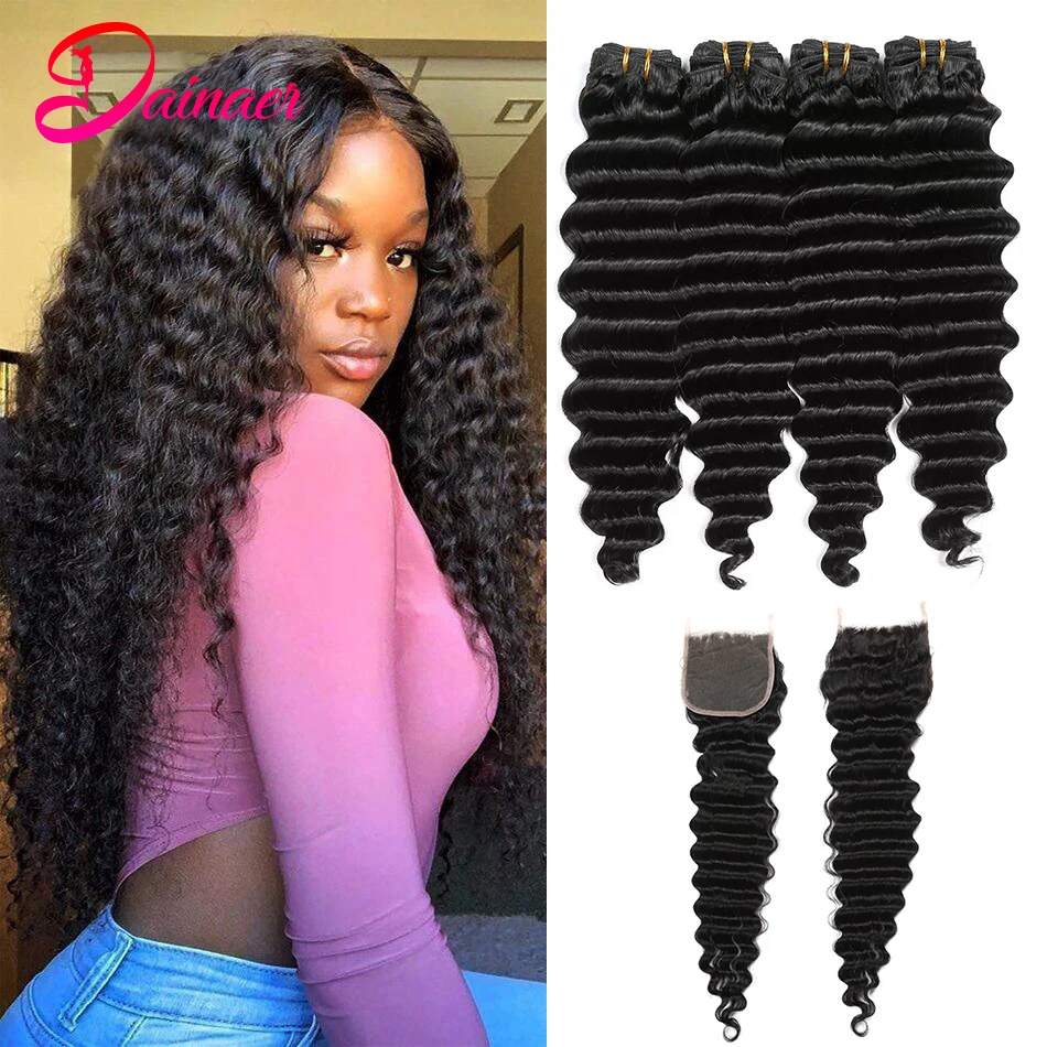 

Peruvian Deep Wave Hair Bundles With Closure 3/4 Bundles with 44 Lace Closure Natural Black Color Virgin Hair For Black Women