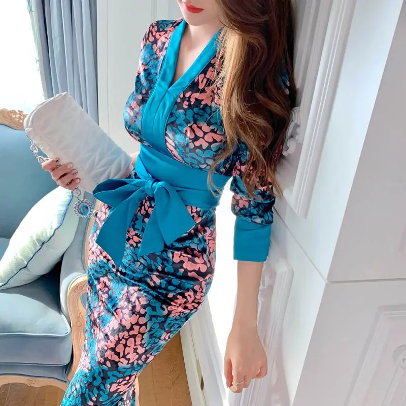 

Women Sexy Deep V Neck Floral Print Long Sleeve 2021 Autumn OL Temperament Elegant Female Slim Bodycon Party Midi Dress Vestido