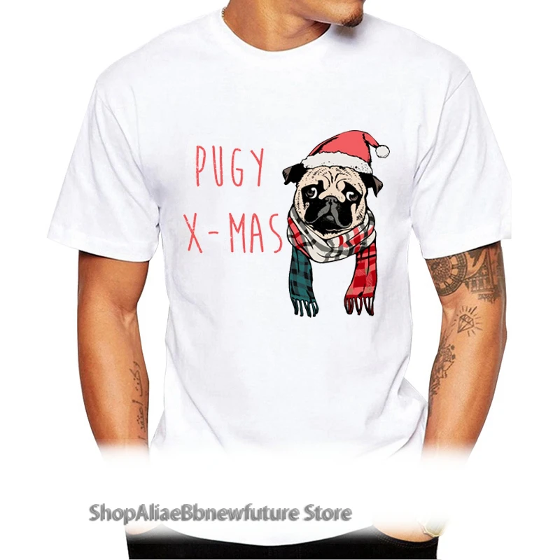 

TEEHUB Pugy X-mas Print T-Shirt Fashion Casual Fitness Cool O-neck Men's Christmas Pug T Shirt Summer Short Sleeve Men Clothing