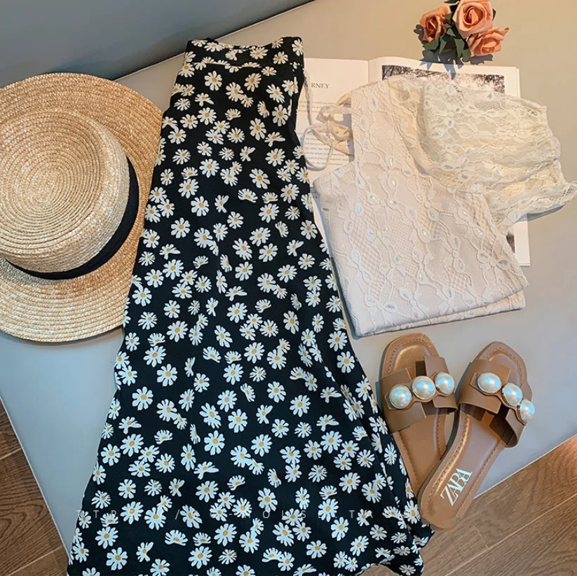 Женская летняя шифоновая юбка средней длины трапециевидная с принтом Маргариток