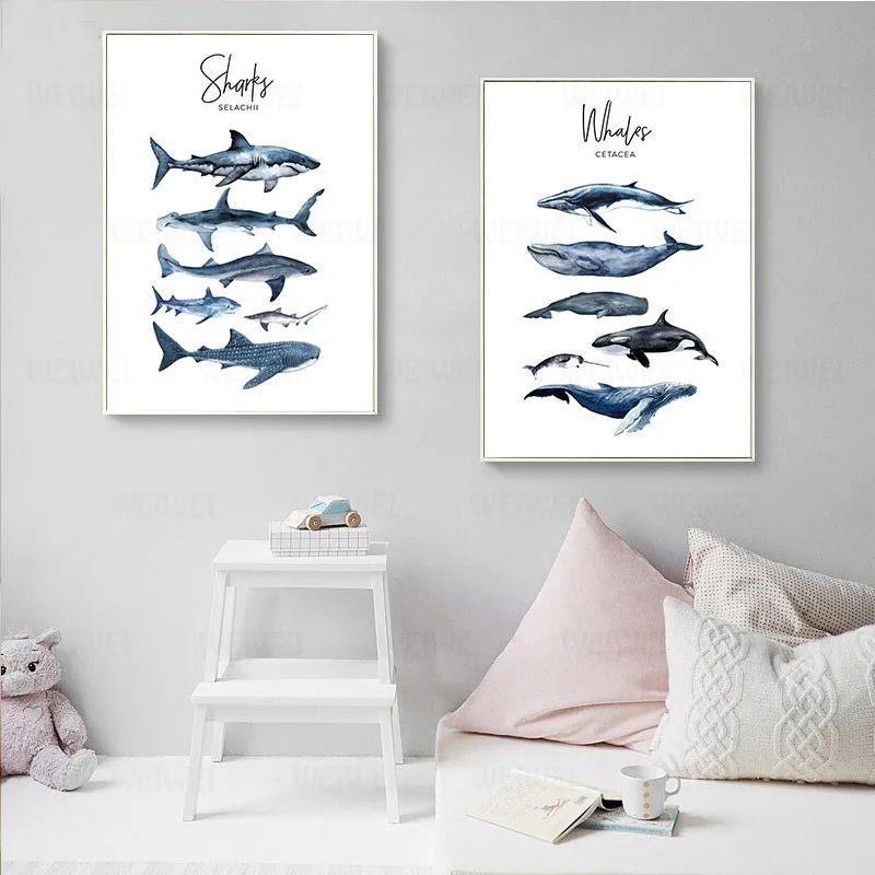 

Nautical Sea Nursery Painting Whale Shark Canvas Poster Animal Art Print Education Wall Picture Nordic Kid Baby Bedroom Decor