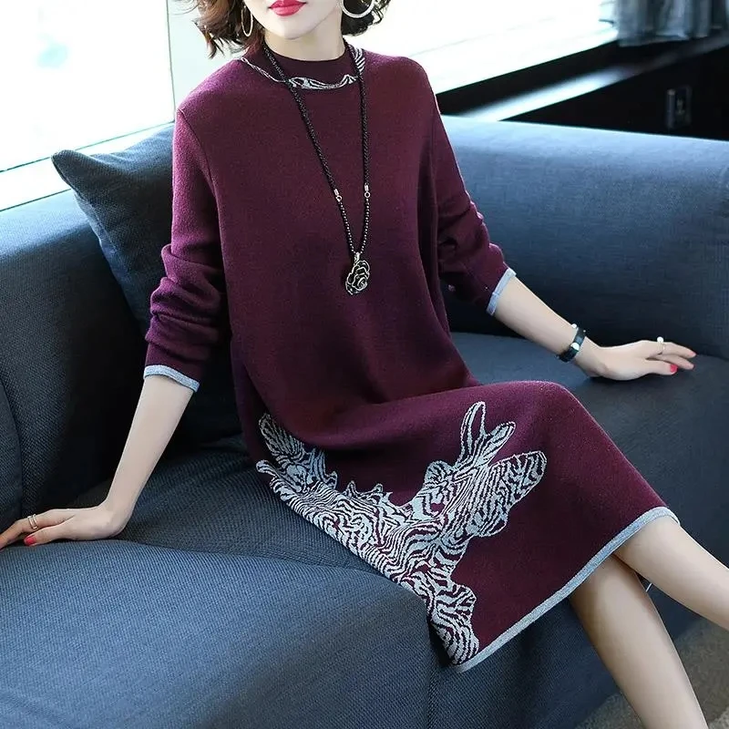 

New Year Women's Autumn/Winter Long Sleeve Knitted Wool Dress Loose High Collar Knee-Length Dress Slim Casual Dress Party Dress