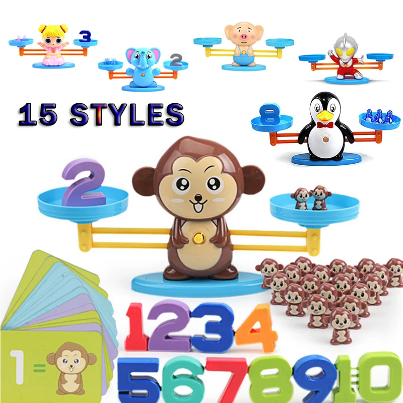 

NEW 15 Styles Montessori Math Match Toy Monkey Cow Balancing Scale Preschool Number Balance Baby Educational Board Game Gift