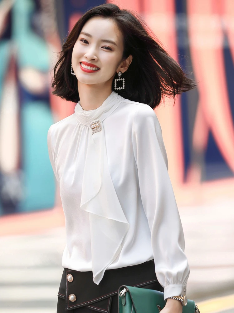 Элегантная белая женская офисная одежда блузки рубашки блузка с длинным рукавом