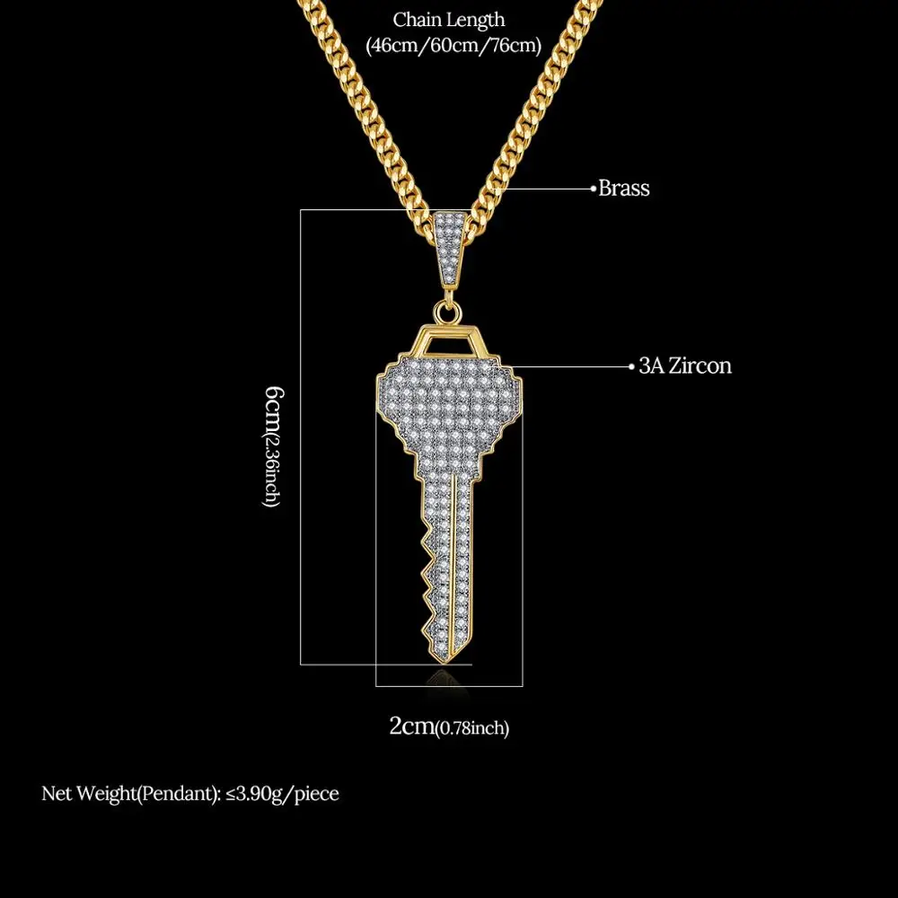 JINSE Hip Hop Cubic Zirconia Necklace Men Fashion Rhinestone Key Pendant Free Cuban Chain Jewelry Gift | Украшения и аксессуары
