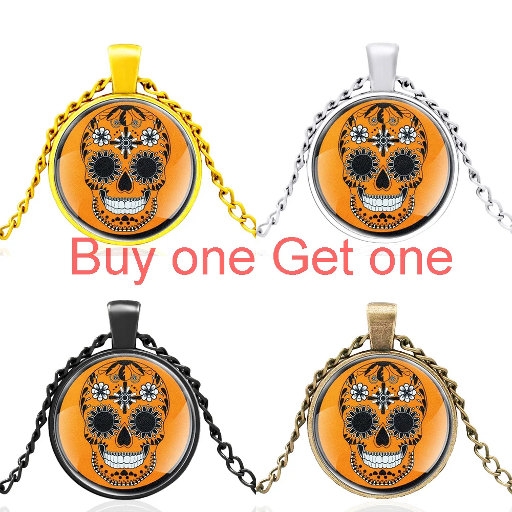 

Funny Skull Flower Design Fashion Glass Cabochon Charm Pendant Necklace Jewelry Men Women Accessories Gifts