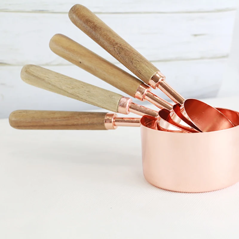 

Measuring Cups Spoons Set Wood Handle Stainless Steel Metal Measuring Scoop Baking Kit Kitchen Accessories 8Pcs