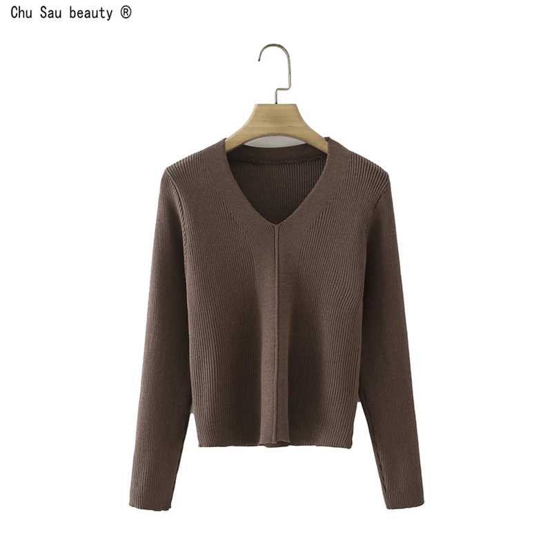 

2021 Autumn Winter New V-neck Korean Casual Fashion All-Match Long-Sleeve Bottoming Sweater Solid Color Pullover Women