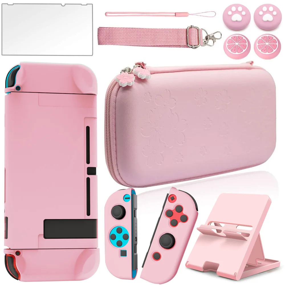 

Carrying Case for Nintendo Switch Oled Protective Cover 9H Glass Bracket Thumb Caps Hard Shell Storage Bag Pu Pouch Accessories