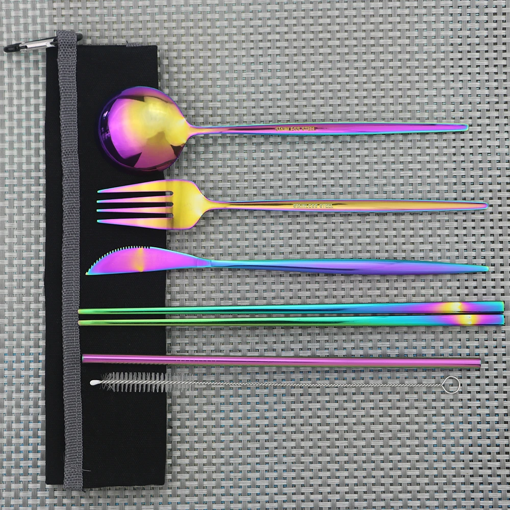 7pcs Радуга Портативный eco-friendly Нержавеющая сталь дорожные столовые приборы набор