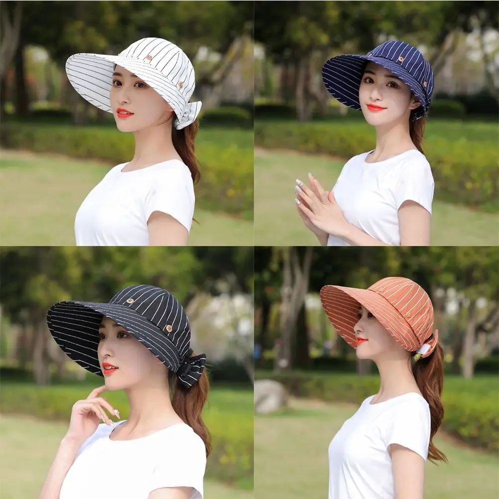 

Striped Pattern Travel Out Women Clothing Accessories Sunscreen Injury Sunshade Beach Empty Top Hat Button Cap Sun Hat