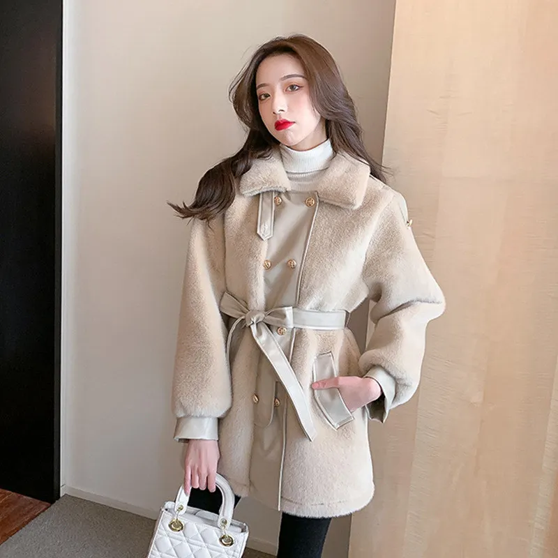 2022 Winter New Imitation Mink Fur Coat Women Double-breasted Stitching PU Leather Lace-up Slim Mid-length Coat LR2202