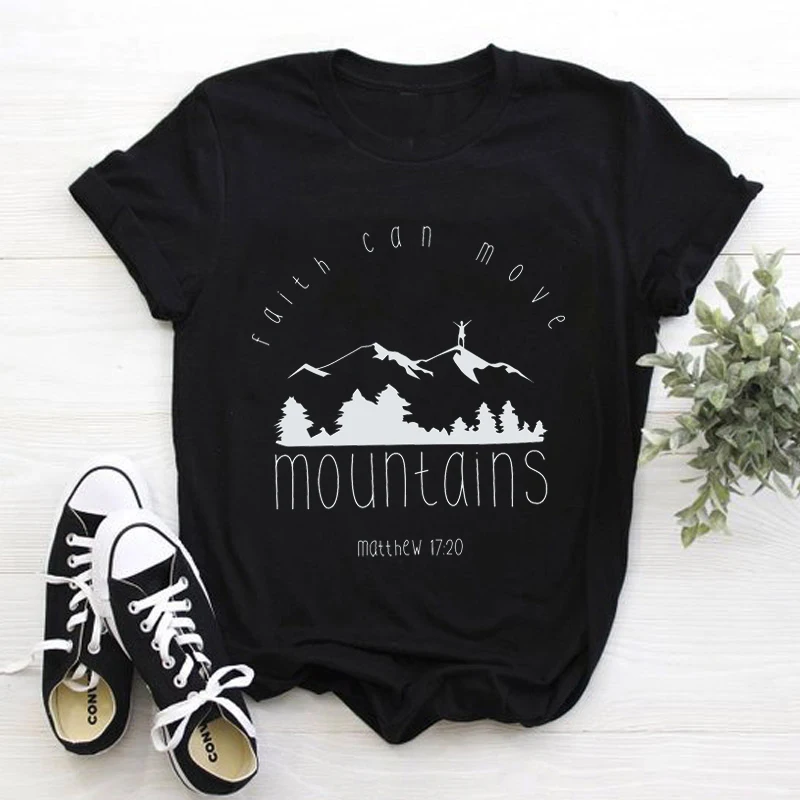 black tee white text Футболка с надписью «Faith Can Move HORUS», Повседневная христианская футболка с надписью «Faith of fear», религиозная одежда с надписью «Bible Verse», топ, Camisetas - Цвет: black tee white text