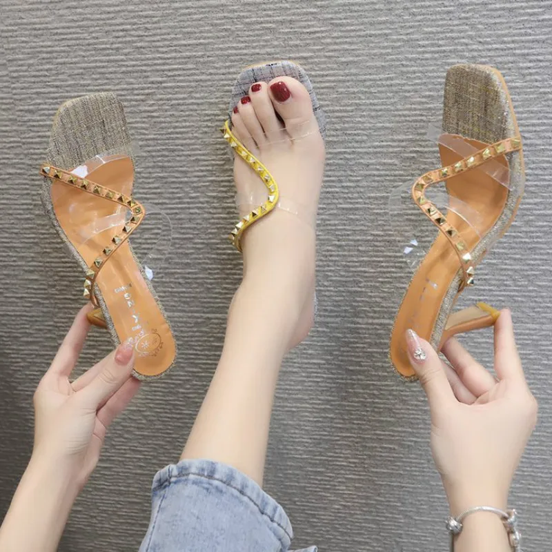 Summer New Sandals Fashion 2020 Rivet Transparent High Heel Slippers Outside Thin Heels Med (3cm-5cm) High Quality Mixed Colors