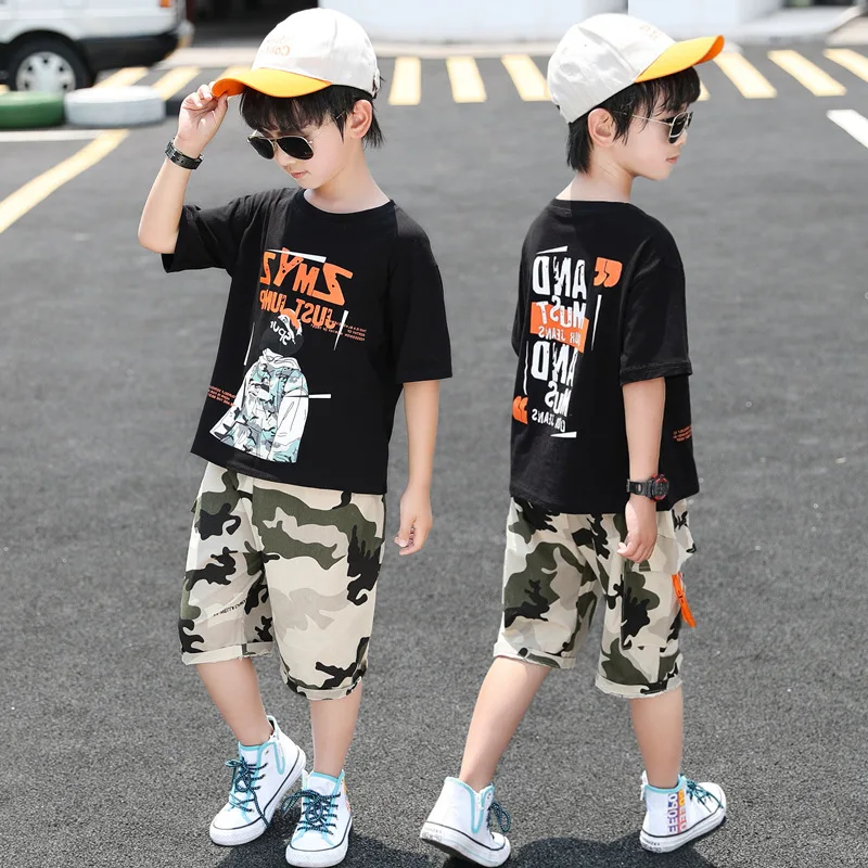

2021 new boy camouflage Summer clothes sets Elastic force T-shirt+shorts baby kids Two piece suit Children's clothing bosudhsou