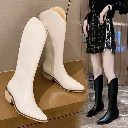 

2021 new spring, autumn and winter but knee V-mouth high boots female pointed toe thick heel knight Martin boots